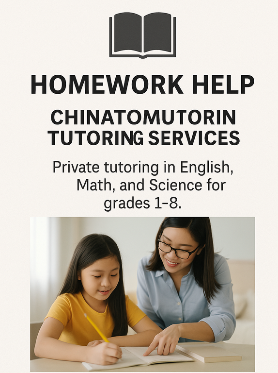 Boost your child’s academic confidence! Friendly tutoring by a local educator in your neighborhood. Weekend slots available. Private tutoring in English, Math, and Science for grades 1–8. Certified bilingual tutor with references available. Bowery & Canal area, Chinatown NYC, (917) 555‑1185