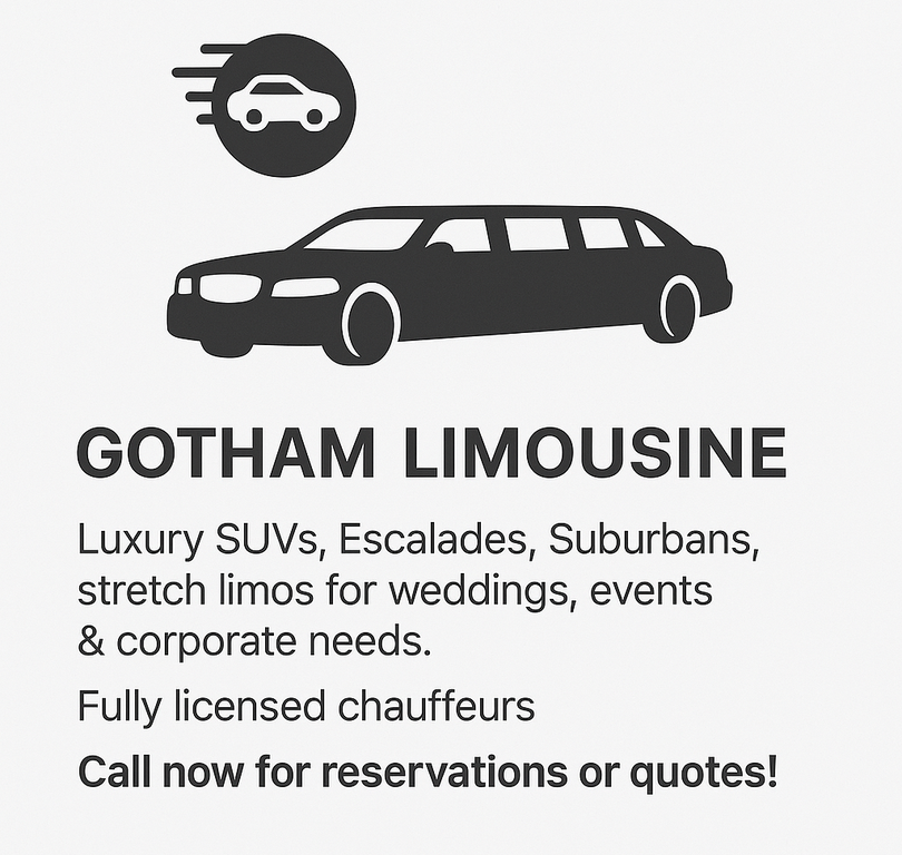 Gotham Limousine—luxury SUVs, Escalades, Suburban's, stretch limos for weddings, events & corporate needs. Fully licensed chauffeurs. Call now for reservations or quotes, (212) 729‑7001.